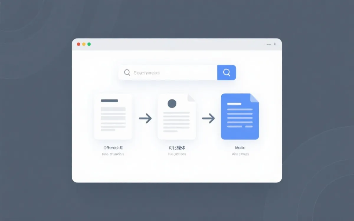网页目录与文件检索的视觉概念图，表现从搜索到验证的流程，简洁信息图风格